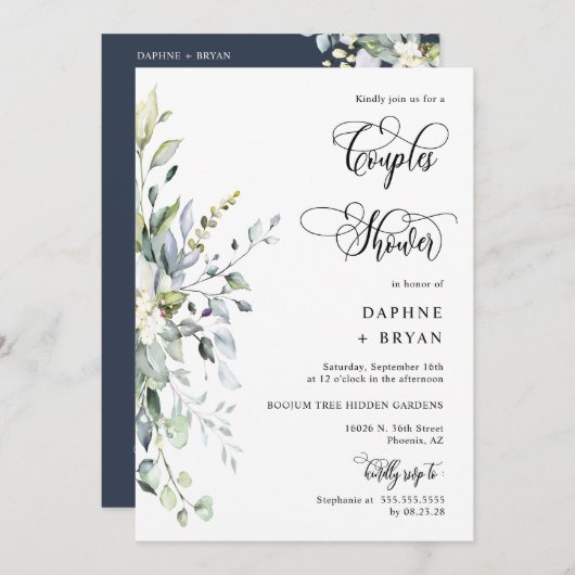 Invitation Elégant Marine Couples de verdure Douche QR Code P (Devant / Derrière)