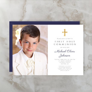 Invitation Elégant Marine Croix Bleue Photo Boy First Communi