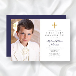 Invitation Elégant Marine Croix Bleue Photo Boy First Communi