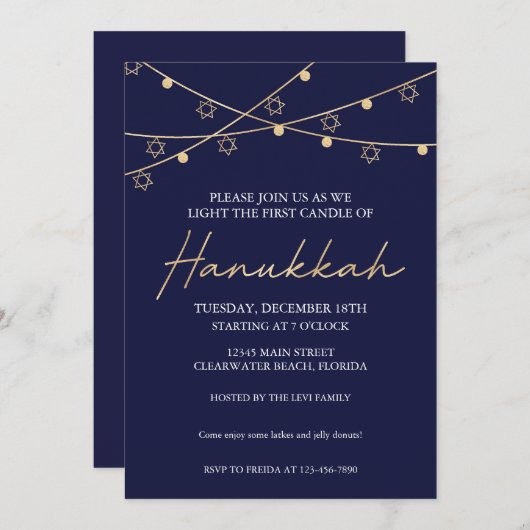 Invitation Elégant Marine et Gold Light Strings Hanoukka Part (Devant / Derrière)