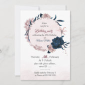 Invitation élégant marine & fleurs roses anniversaire (Devant)