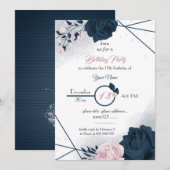 Invitation élégant marine & fleurs roses anniversaire (Devant / Derrière)
