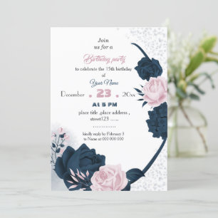 Invitation élégant marine & fleurs roses anniversaire