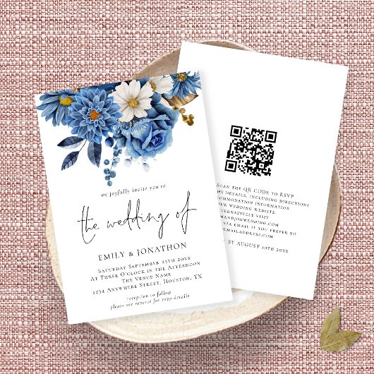 Invitation Élégant Marine Florals or QR Code Mariage