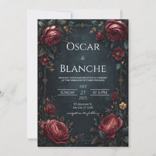 Invitation Élégant Marine Foncé Bourgogne Floral Doré Mariage