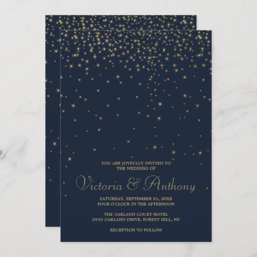 Invitation Elégant Marine & Gold Falling Stars Mariage (Devant / Derrière)