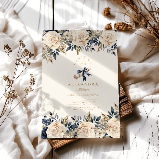 Invitation Elégant Marine Gold Floral Graduation
