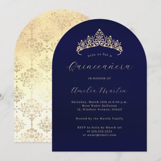 Invitation Elégant Marine Gold Tiara Quinceanera (Devant / Derrière)