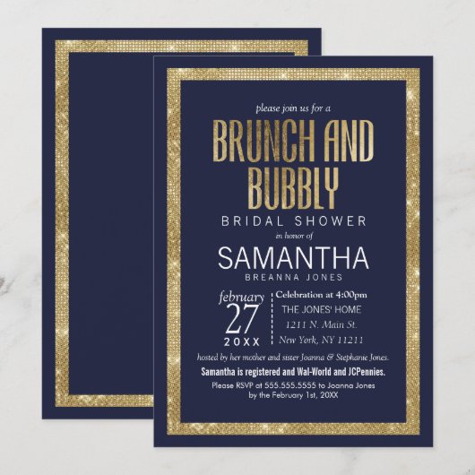 Invitation Elégant Marine Moderne Blue Gold Sequin Brunch Bub (Devant / Derrière)