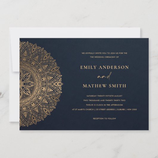 INVITATION ELÉGANT MARINE OR CLASSIQUE ORNATE MANDALA MARIAGE (Devant)