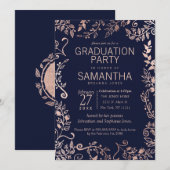 Invitation Élégant Marine Rose bleu or Floral Graduation (Devant / Derrière)