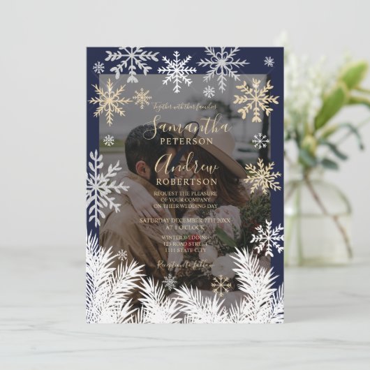Invitation Elégant Marine Rustique Snowflakes Mariage d'hiver (Debout devant)
