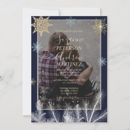 Invitation Elégant Marine Rustique Snowflakes Mariage d'hiver (Devant)
