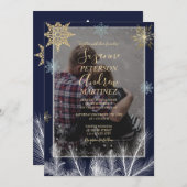 Invitation Elégant Marine Rustique Snowflakes Mariage d'hiver (Devant / Derrière)