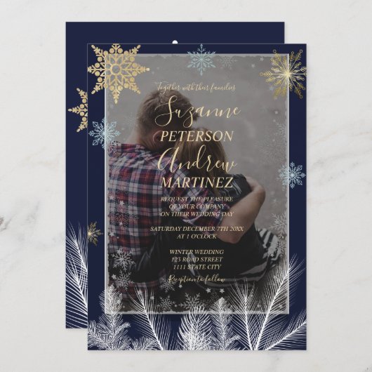 Invitation Elégant Marine Rustique Snowflakes Mariage d'hiver (Devant / Derrière)