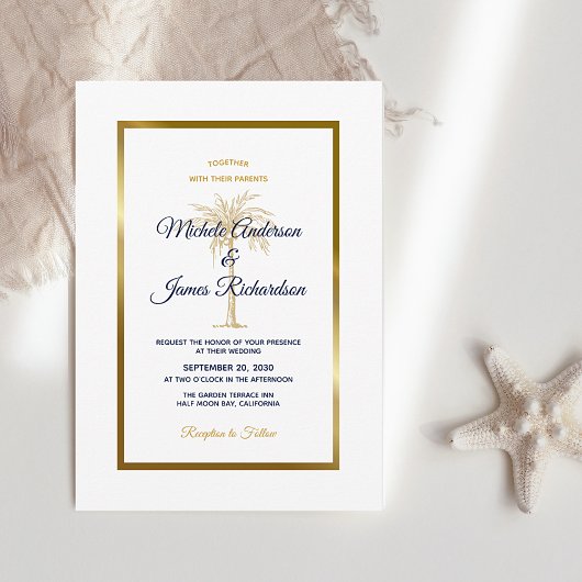 Invitation Elégant Marine White Gold Palm Tree Tropical Maria