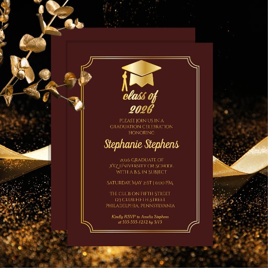 Invitation Elégant Maroon | Gold Casquette College Graduation