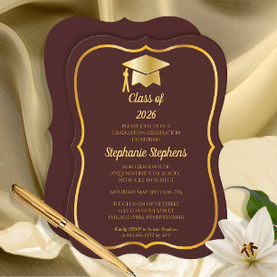 Invitation Elégant Maroon Gold Casquette Graduation Party