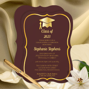 Invitation Elégant Maroon   Gold Casquette Graduation Party