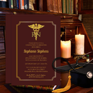 Invitation Elégant Maroon Gold Nurse RN Graduation Party
