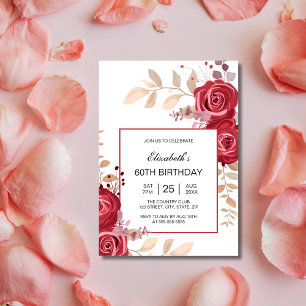 Invitation Elégant Maroon Rose Floral Verdure Anniversaire