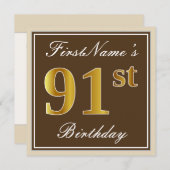 Invitation Elégant, Marron, Doré Faux 91e Anniversaire + Nom (Devant / Derrière)