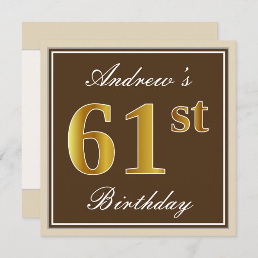 Invitation Elégant, Marron, Or Faux 61e Anniversaire + Nom (Devant / Derrière)