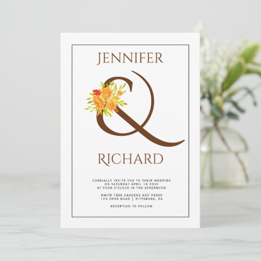 Invitation Elégant marron, orange rose mariage de automne (Debout devant)