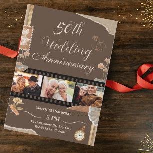 Invitation Élégant Marron Vintage Fleurs Mariage Anniversaire