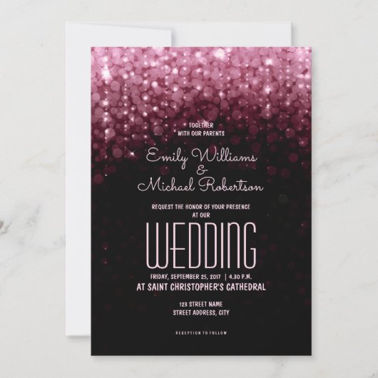 Invitation Élégant marsala de mariage lumières bokeh arrière (Devant)