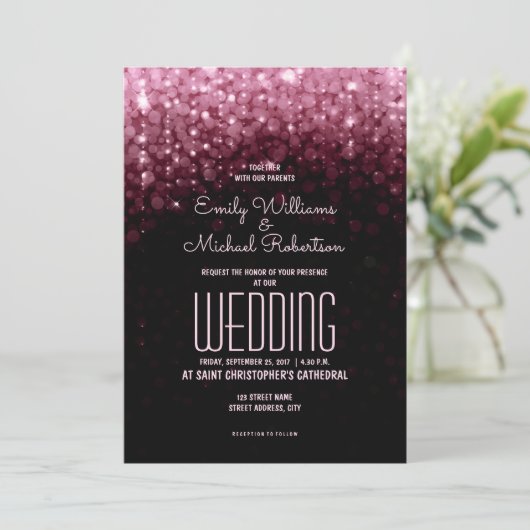 Invitation Élégant marsala de mariage lumières bokeh arrière  (Debout devant)