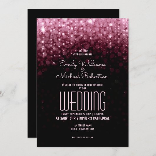 Invitation Élégant marsala de mariage lumières bokeh arrière (Devant / Derrière)