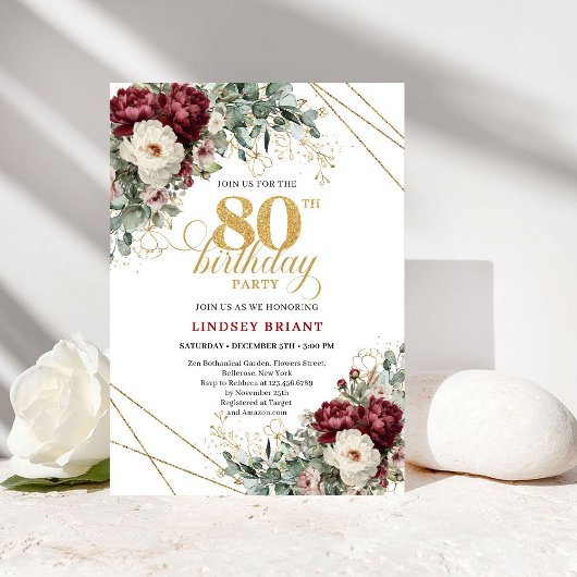 Invitation Elegant Marsala Floral Greenery 80th Birthday