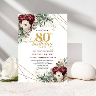 Invitation Élégant Marsala Floral Végétal 80e Anniversaire