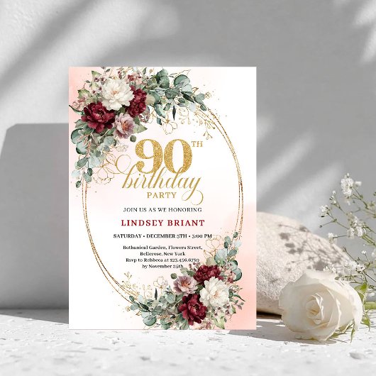 Invitation Elegant Marsala Peonies Eucalyptus 90th Birthday