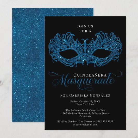 Invitation Elégant Mascarade Bleue Mascaré Quinceanera (Devant / Derrière)