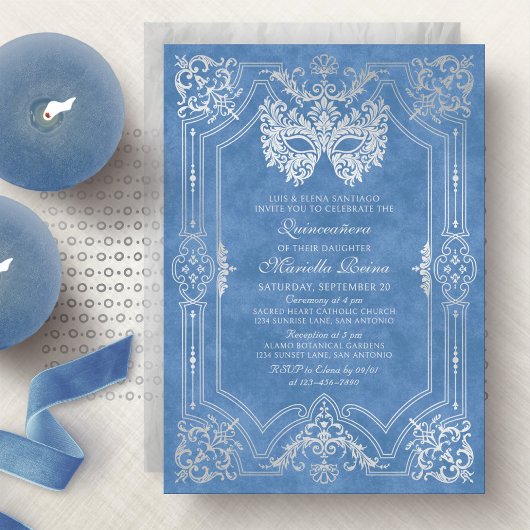 Invitation Elégant Mascarade Bleue Mascaré Quinceanera