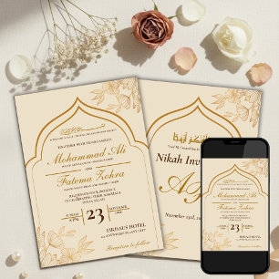 Invitation Élégant Masjid Floral Doré Mariage Musulman Nikah