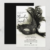 Invitation Élégant Masque à Plume Noire pour Douce Seize Ans (Devant / Derrière)