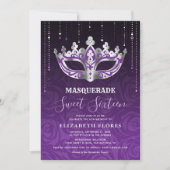 Invitation Élégant Masque Noir Violet Argent pour Sweet 16 (Devant)