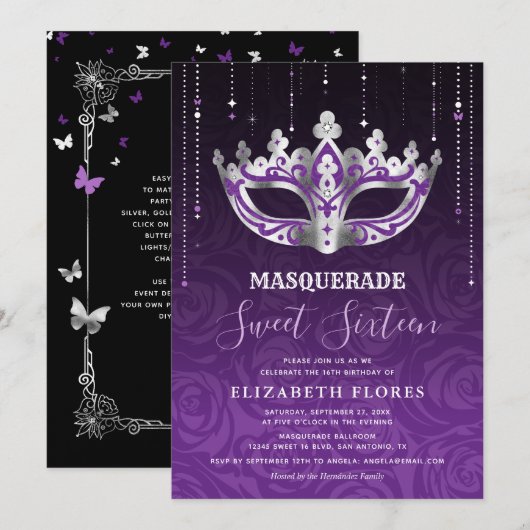 Invitation Élégant Masque Noir Violet Argent Sweet 16 (Devant / Derrière)