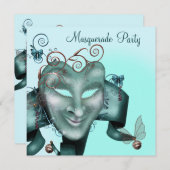 Invitation Elégant Masque Turquoise Blue Masquerade Party (Devant / Derrière)