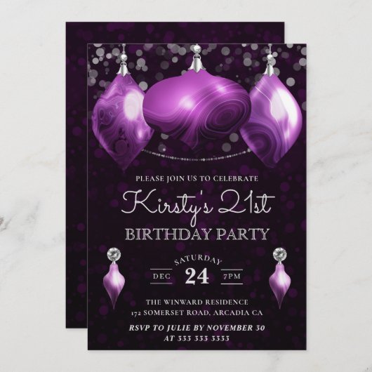 Invitation Élégant mauve Agate Baubles 21e anniversaire (Devant / Derrière)