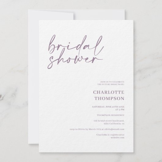 Invitation Elégant mauve décontracté script douche nuptiale (Devant)