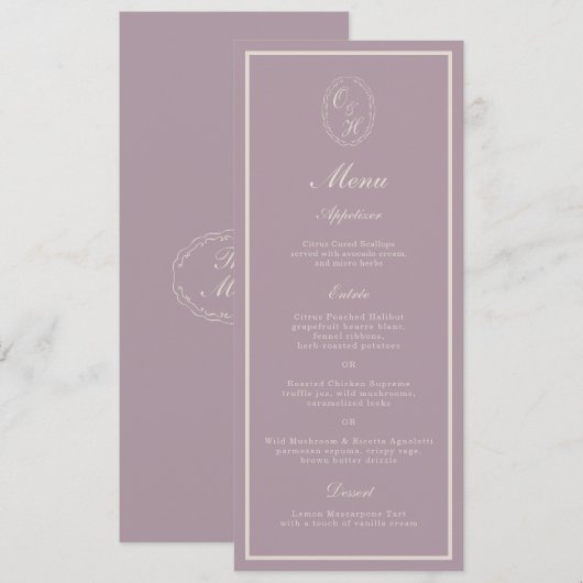 Invitation Elegant Mauve Monogram Wedding Long Menu (Devant / Derrière)