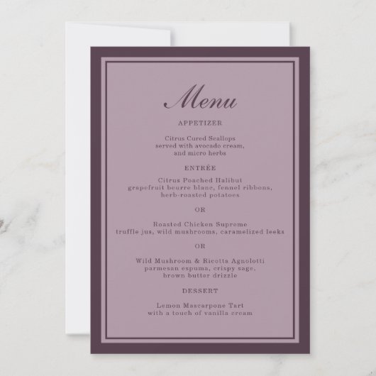 Invitation Elegant Mauve Plum Wedding Dinner Menu Card (Devant)