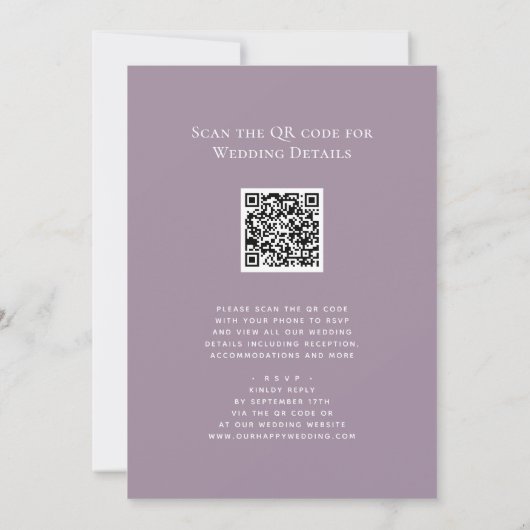 Invitation Elégant Mauve QR Code Tout en un Mariage moderne (Dos)