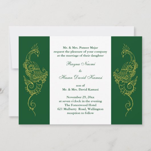 Invitation Elégant Mehndi Peacock Mariage Inviter Vert Blanc (Devant)
