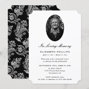 Invitation Élégant Mémorial photo en argent noir