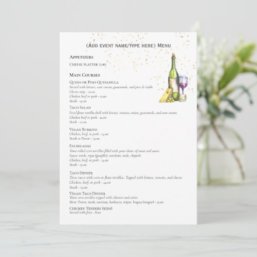 Invitation Élégant menu à double face Modèle fromage à vin (Debout devant)